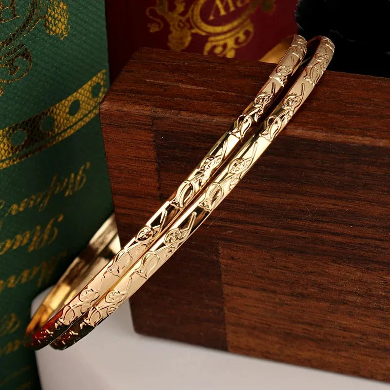 Herseygold Slim Metal Bangles Gold Plated Carved Flower Layered Cuff Bracelet Luxury Bride Jewelry