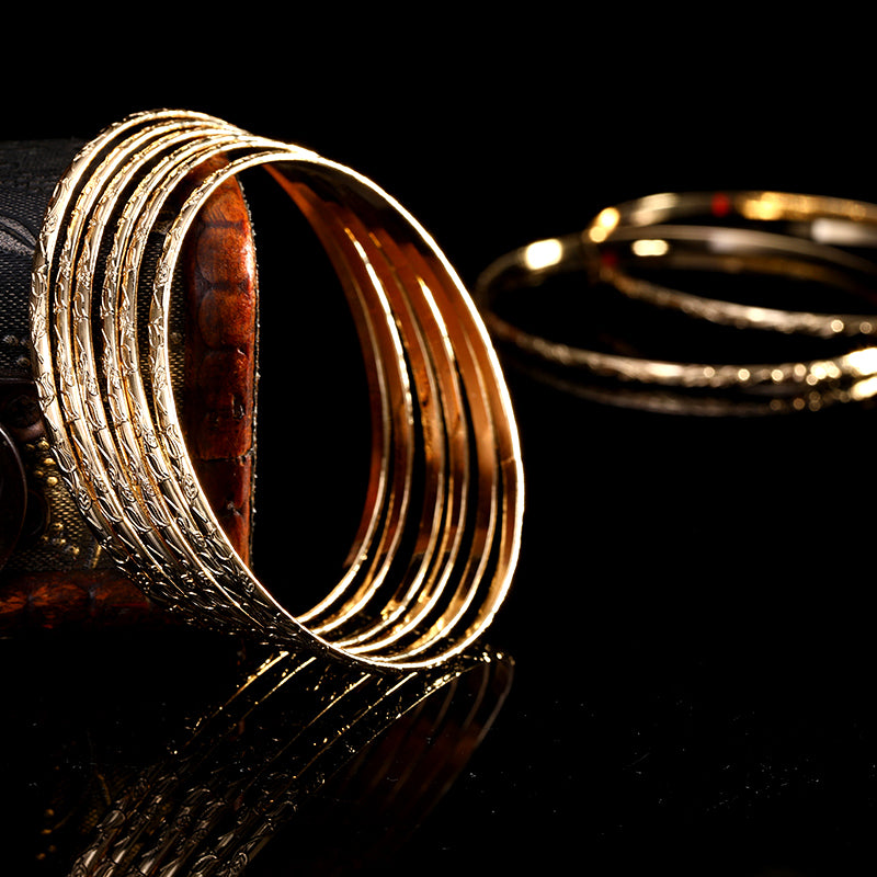 Herseygold Slim Metal Bangles Gold Plated Carved Flower Layered Cuff Bracelet Luxury Bride Jewelry
