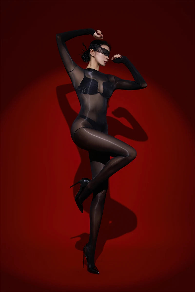 Sexy Cosplay Maid Tights Oil Glossy Elastic Bodysuit Sheer See Through Rompers One-Piece Thong Jumpsuits Leotard Candy Color