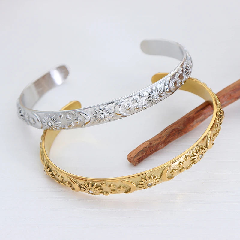 Sun Star Moon Cuff Bracelets Dangle Earrings For Women Stainless Steel Zircon Embossed Stereoscopic Women Wedding Jewelry Sets