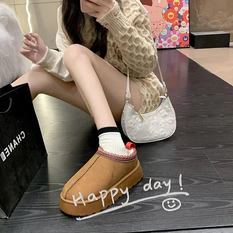 Winter New Cashmere Warm Thick Soles Without Heel-covered Hair Half Slipper Cotton Shoes for Women