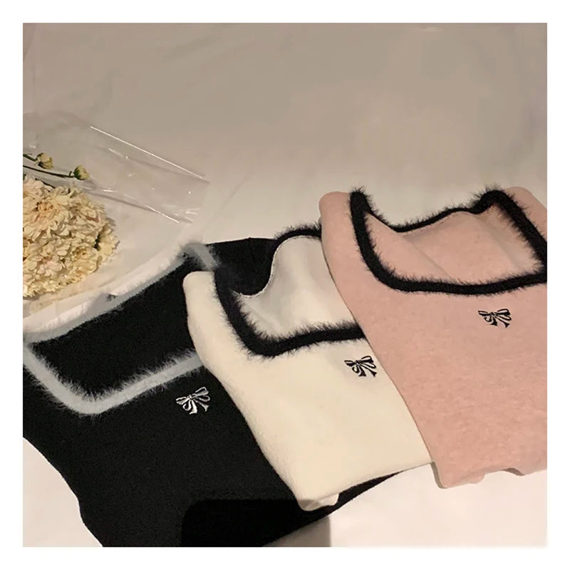 HELIAR Women Butterfly Embroidered T-shirts Square Neck Long Sleeve Patchwork Y2K T-Shirts Casual Tees Women 2024 Autumn Winter
