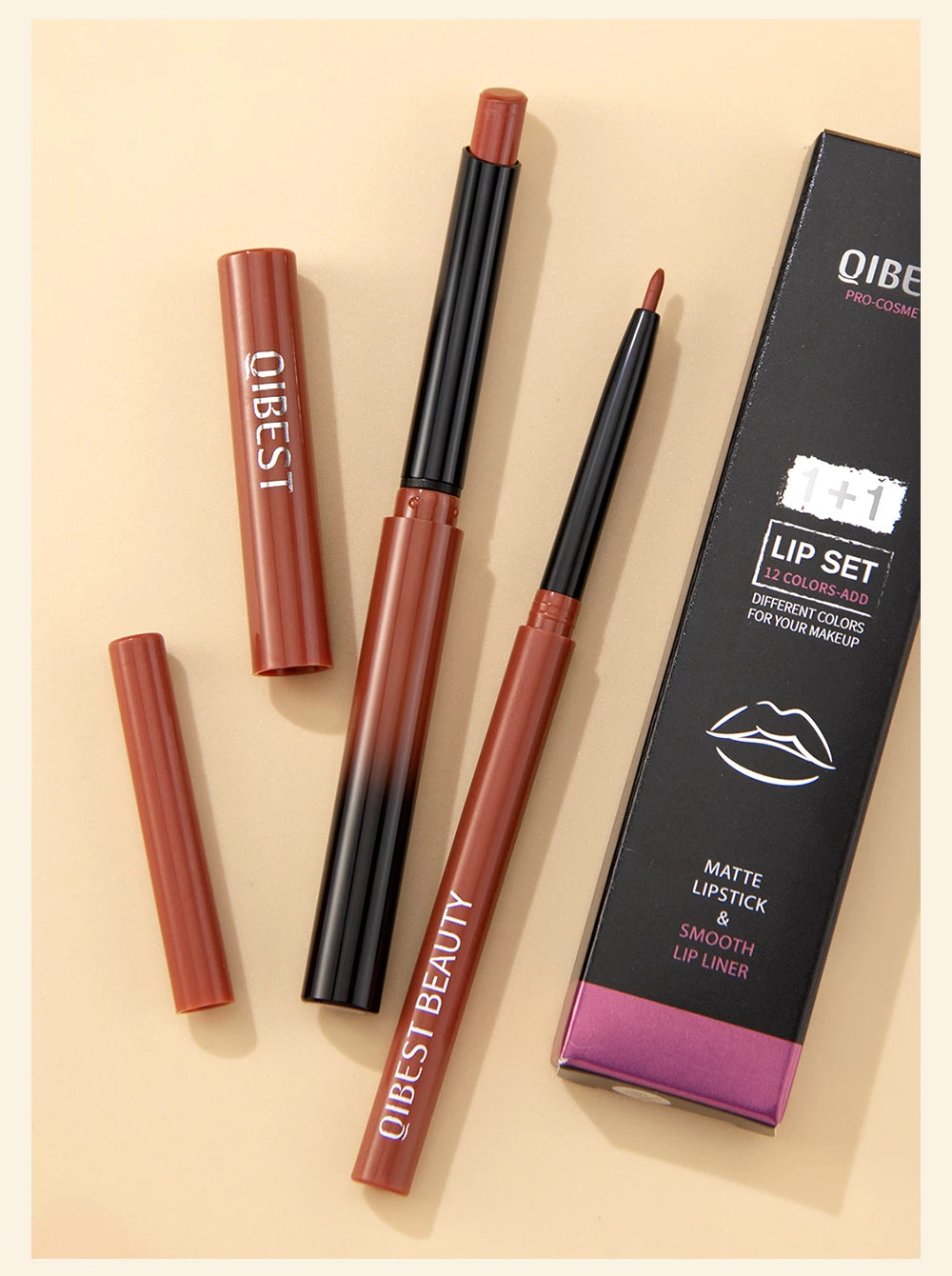 QIBEST 2pcs Lipstick Lipliner Pen Set Matte Nude Lip Liner Pencil Waterproof Long Lasting Lipstick Pen Contour Makeup For Women