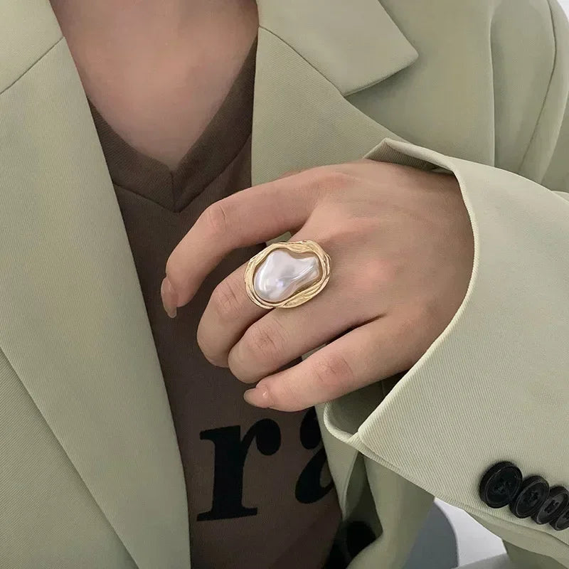 New Design Starfish Imitation Pearl Ring Shape Gold Color Adjustable Rings for Women Fashion Jewelry