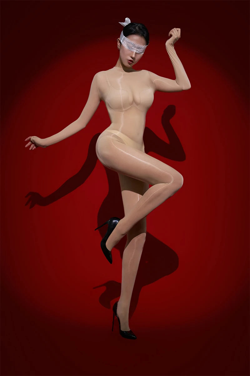 Sexy Cosplay Maid Tights Oil Glossy Elastic Bodysuit Sheer See Through Rompers One-Piece Thong Jumpsuits Leotard Candy Color