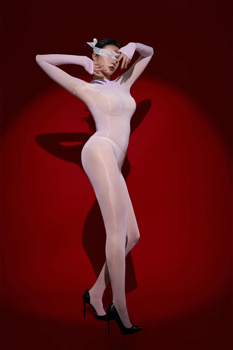 Sexy Cosplay Maid Tights Oil Glossy Elastic Bodysuit Sheer See Through Rompers One-Piece Thong Jumpsuits Leotard Candy Color