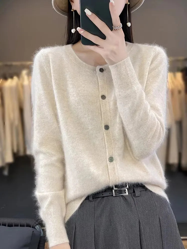 Aliselect Women Cardigan Super Warm Pure Mink Cashmere Sweaters O-neck Loose Female Clothes Ladies' Solid Color Knitwear Tops