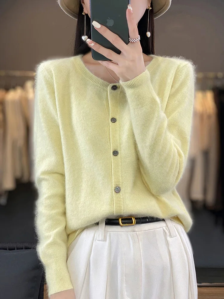 Aliselect Women Cardigan Super Warm Pure Mink Cashmere Sweaters O-neck Loose Female Clothes Ladies' Solid Color Knitwear Tops