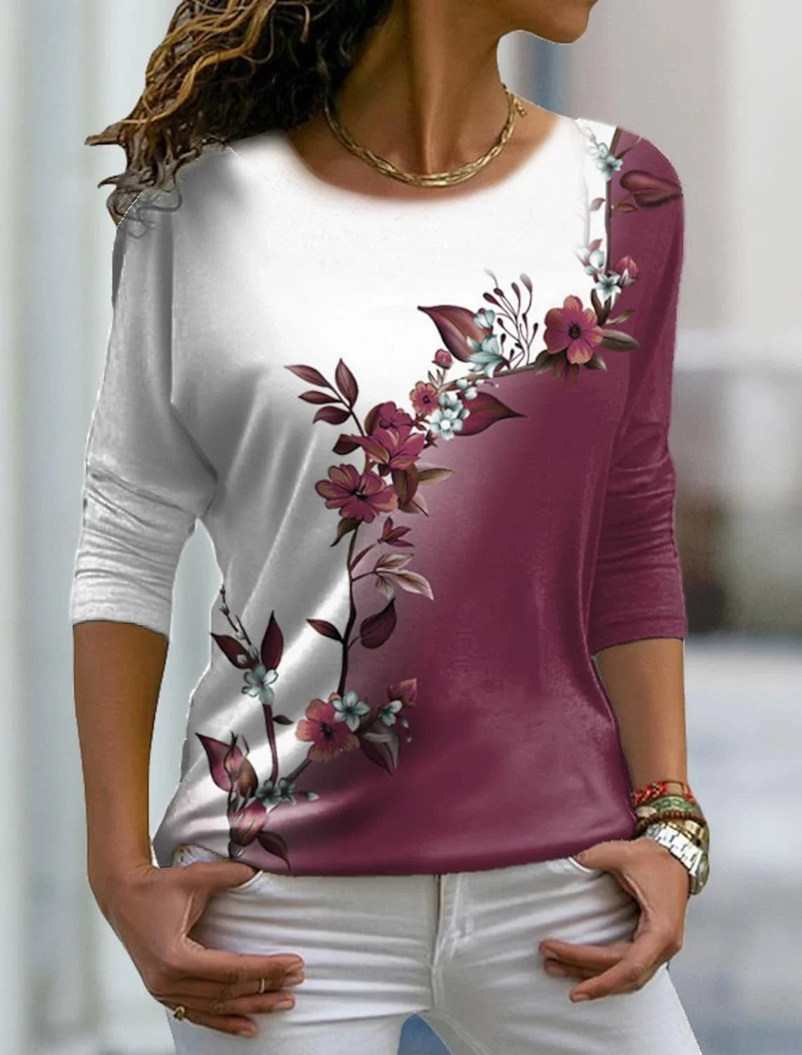 Versatile long sleeved women's T-shirt with floral pattern printed
O-Neck Bohemian multi-color top
