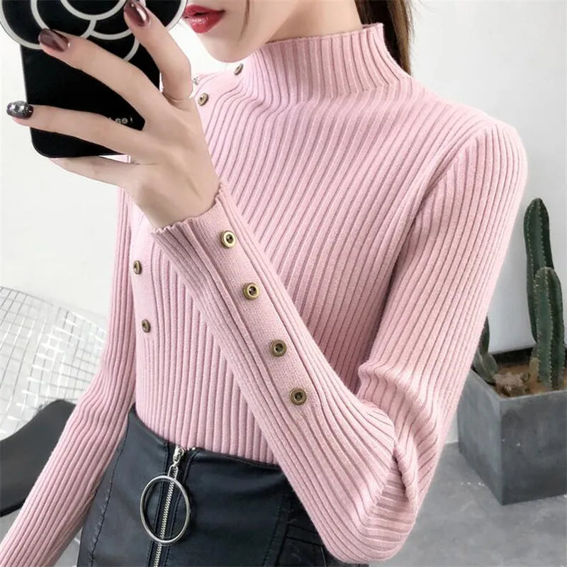 Women Autumn Knitted Slim Sweaters pullover button full sleeve Turtleneck
Pullovers Button Full Sleeve Turtleneck