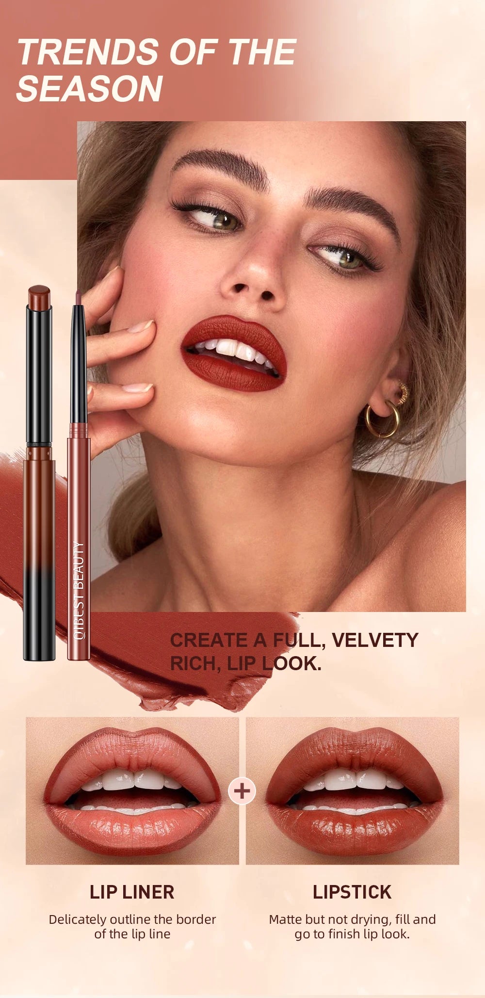 QIBEST 2pcs Lipstick Lipliner Pen Set Matte Nude Lip Liner Pencil Waterproof Long Lasting Lipstick Pen Contour Makeup For Women