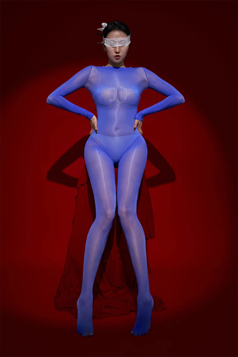 Sexy Cosplay Maid Tights Oil Glossy Elastic Bodysuit Sheer See Through Rompers One-Piece Thong Jumpsuits Leotard Candy Color