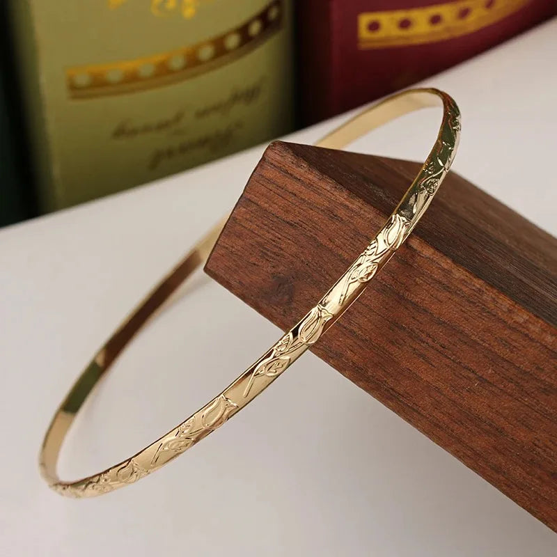 Herseygold Slim Metal Bangles Gold Plated Carved Flower Layered Cuff Bracelet Luxury Bride Jewelry