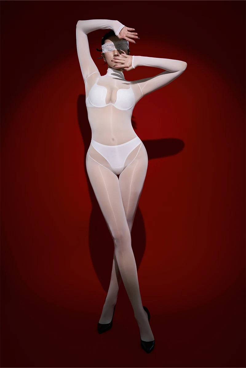 Sexy Cosplay Maid Tights Oil Glossy Elastic Bodysuit Sheer See Through Rompers One-Piece Thong Jumpsuits Leotard Candy Color