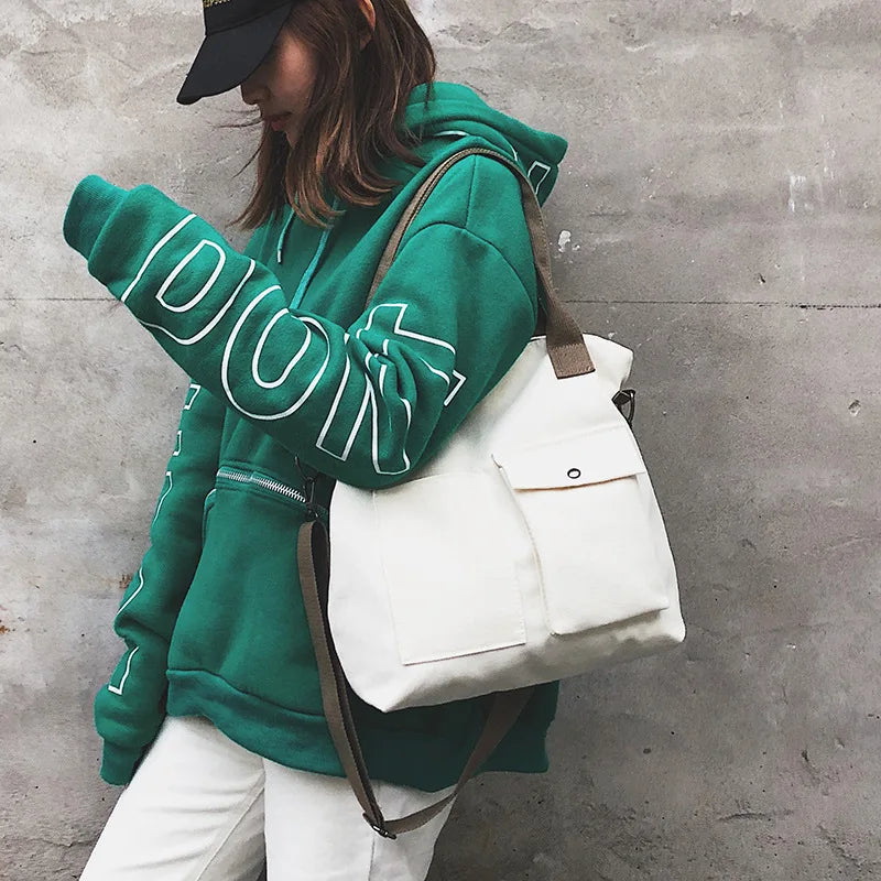 Fashion Canvas Bags students Handbag Shoulder Bag Large Capacity Solid Color Totes Shopper Bag