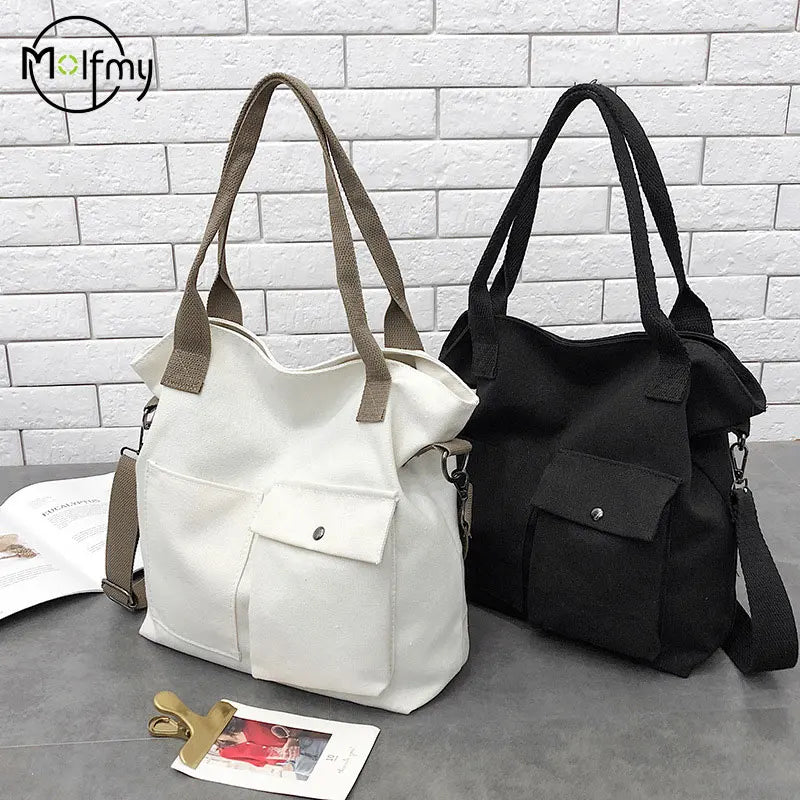 Fashion Canvas Bags students Handbag Shoulder Bag Large Capacity Solid Color Totes Shopper Bag