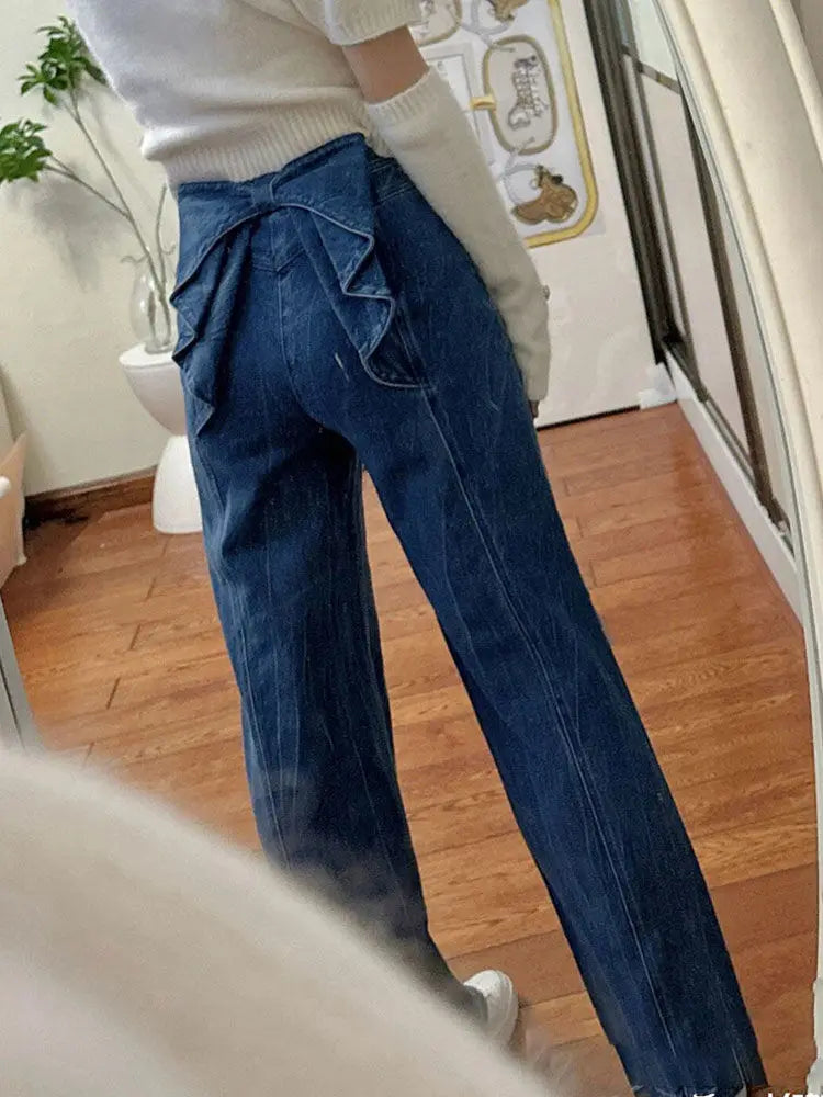 Sweet Style Street Blue American Retro Back Bow High Waisted Jeans for Women Spring New Niche Wide Leg Straight Leg Y2k Pants