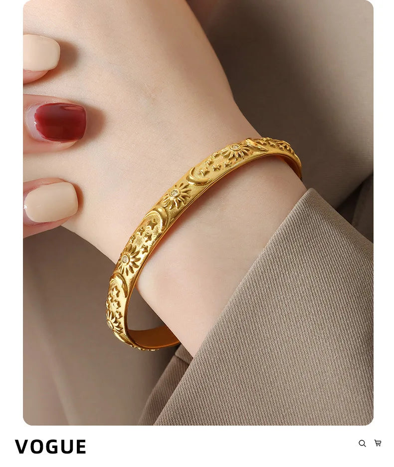 Sun Star Moon Cuff Bracelets Dangle Earrings For Women Stainless Steel Zircon Embossed Stereoscopic Women Wedding Jewelry Sets