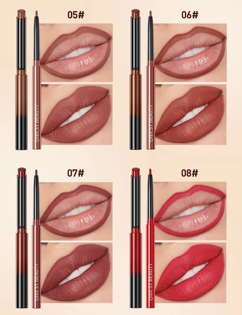 QIBEST 2pcs Lipstick Lipliner Pen Set Matte Nude Lip Liner Pencil Waterproof Long Lasting Lipstick Pen Contour Makeup For Women