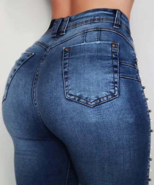 New Jeans Women Dark Blue High Waist Beaded High Stretch Denim Pencil Pants
