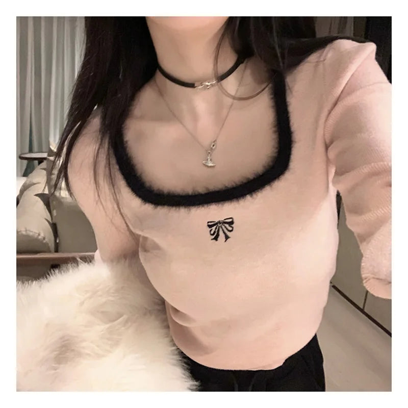 HELIAR Women Butterfly Embroidered T-shirts Square Neck Long Sleeve Patchwork Y2K T-Shirts Casual Tees Women 2024 Autumn Winter