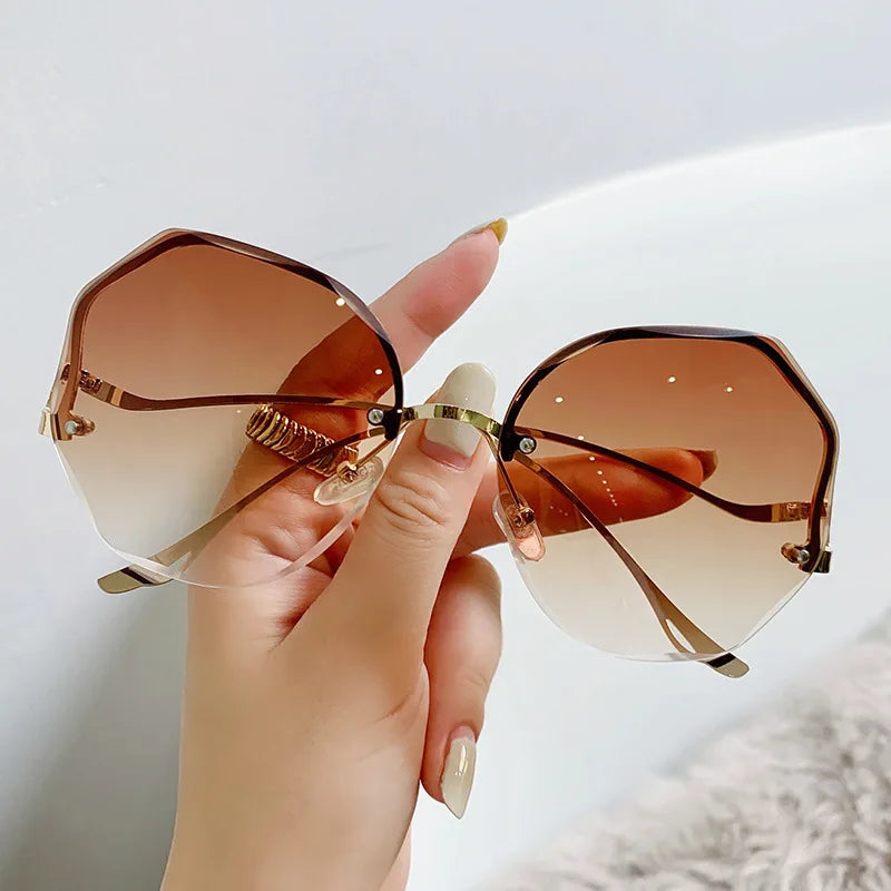 Luxury Round Gradient Sunglasses Women Metal Curved Temples Eyewear Ocean Rimless Fashion Sun Glasses