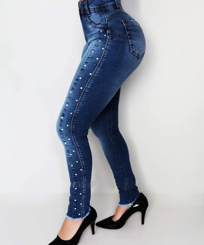 New Jeans Women Dark Blue High Waist Beaded High Stretch Denim Pencil Pants