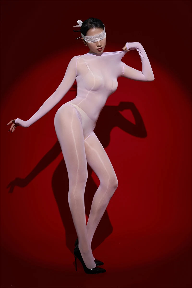 Sexy Cosplay Maid Tights Oil Glossy Elastic Bodysuit Sheer See Through Rompers One-Piece Thong Jumpsuits Leotard Candy Color