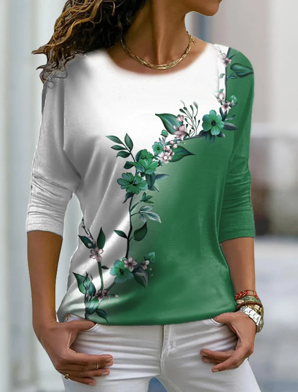 Versatile long sleeved women's T-shirt with floral pattern printed
O-Neck Bohemian multi-color top
