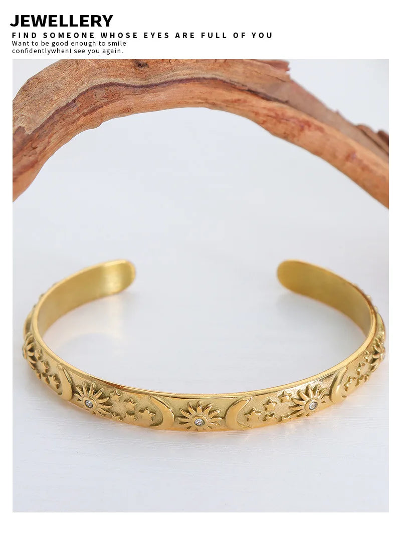Sun Star Moon Cuff Bracelets Dangle Earrings For Women Stainless Steel Zircon Embossed Stereoscopic Women Wedding Jewelry Sets