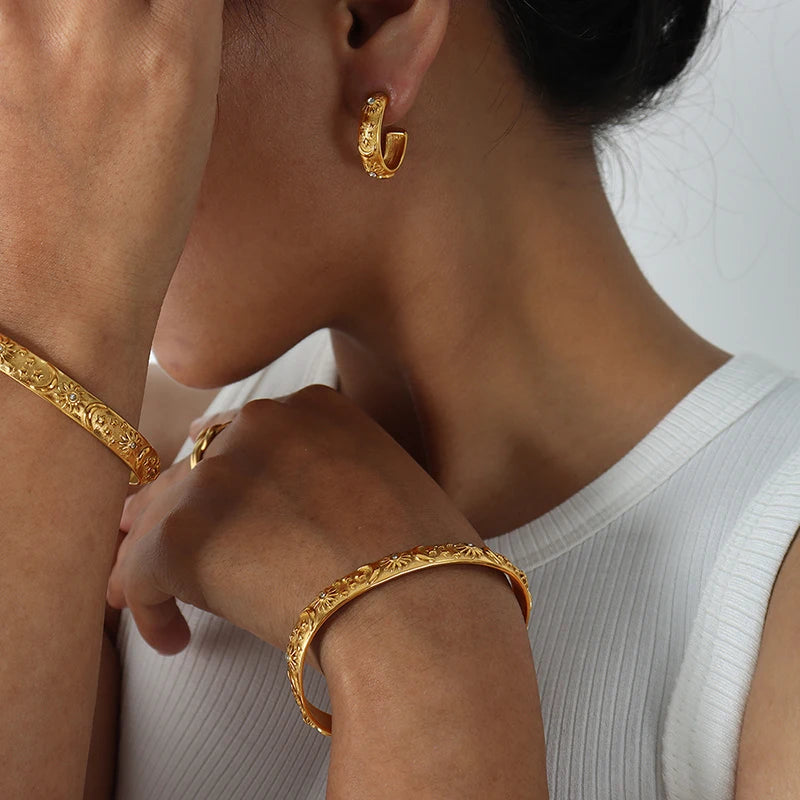 Sun Star Moon Cuff Bracelets Dangle Earrings For Women Stainless Steel Zircon Embossed Stereoscopic Women Wedding Jewelry Sets