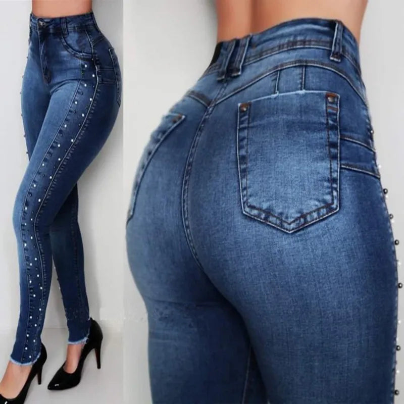 New Jeans Women Dark Blue High Waist Beaded High Stretch Denim Pencil Pants