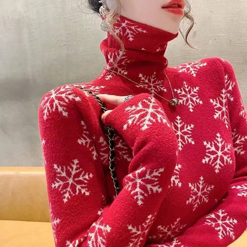Women
Snowflake Knitted High Neck Sweater Spring Slim Fashion Chic Turtleneck Fashion Pullover Top