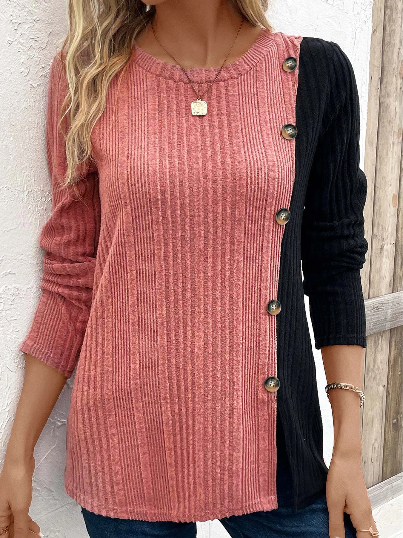 Ribbed Colorblock Button Decor T-Shirt,Casual Long Sleeve Top
,Women's Clothing