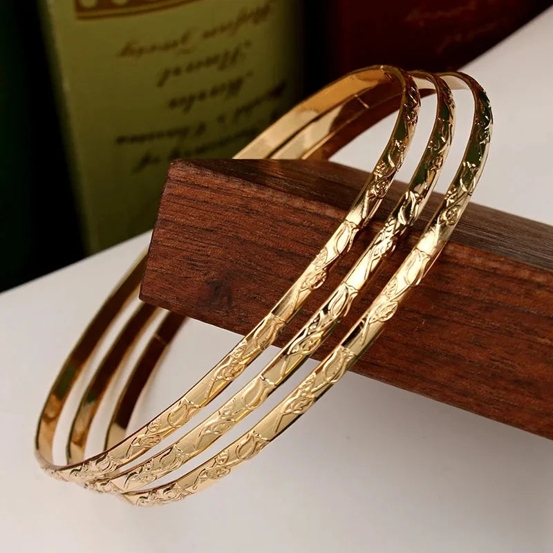 Herseygold Slim Metal Bangles Gold Plated Carved Flower Layered Cuff Bracelet Luxury Bride Jewelry