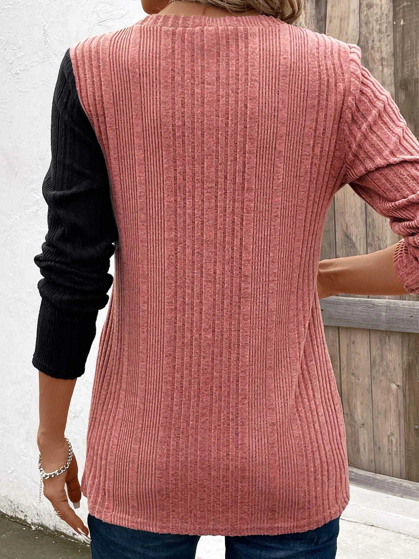 Ribbed Colorblock Button Decor T-Shirt,Casual Long Sleeve Top
,Women's Clothing