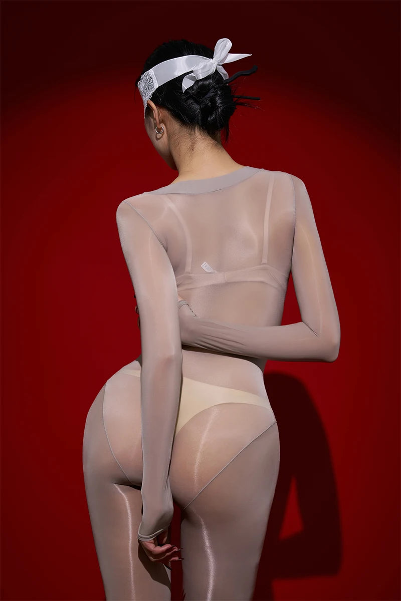Sexy Cosplay Maid Tights Oil Glossy Elastic Bodysuit Sheer See Through Rompers One-Piece Thong Jumpsuits Leotard Candy Color