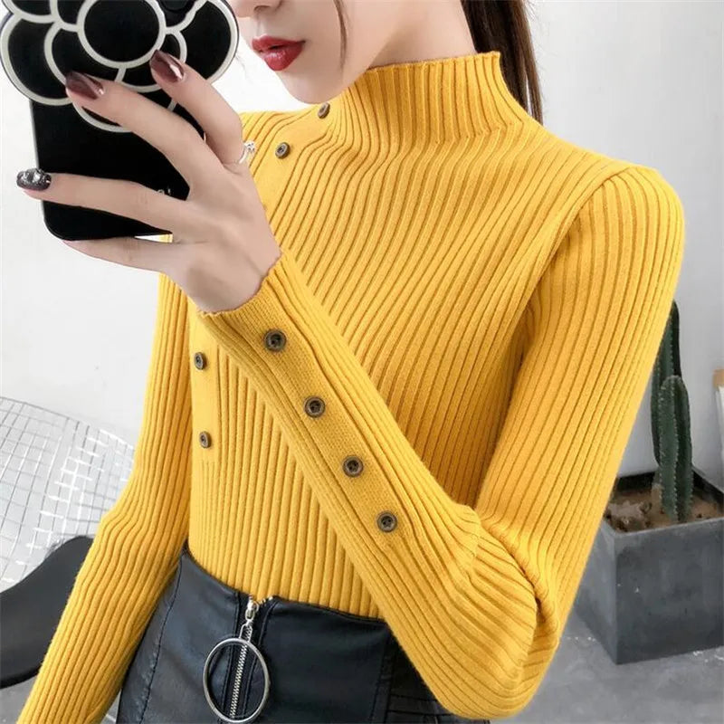 Women Autumn Knitted Slim Sweaters pullover button full sleeve Turtleneck
Pullovers Button Full Sleeve Turtleneck