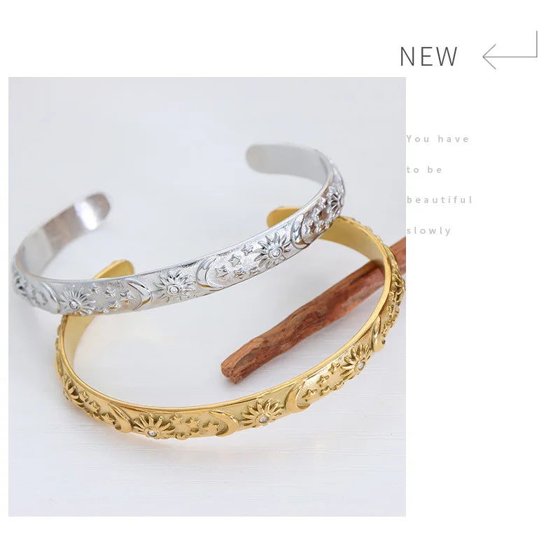Sun Star Moon Cuff Bracelets Dangle Earrings For Women Stainless Steel Zircon Embossed Stereoscopic Women Wedding Jewelry Sets