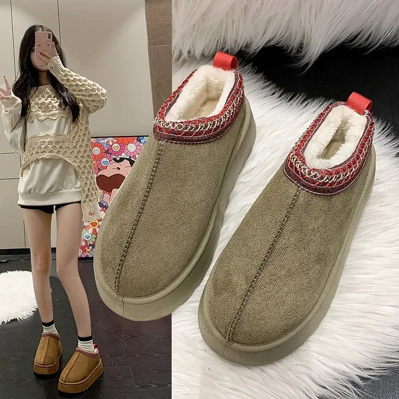 Winter New Cashmere Warm Thick Soles Without Heel-covered Hair Half Slipper Cotton Shoes for Women