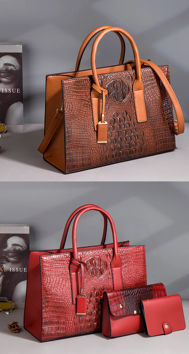 TRAVEASY 2024 New Crocodile Pattern Handbag Women PU Leather Vintage Style Shoulder Bag Large Capacity Laides Hand Bags