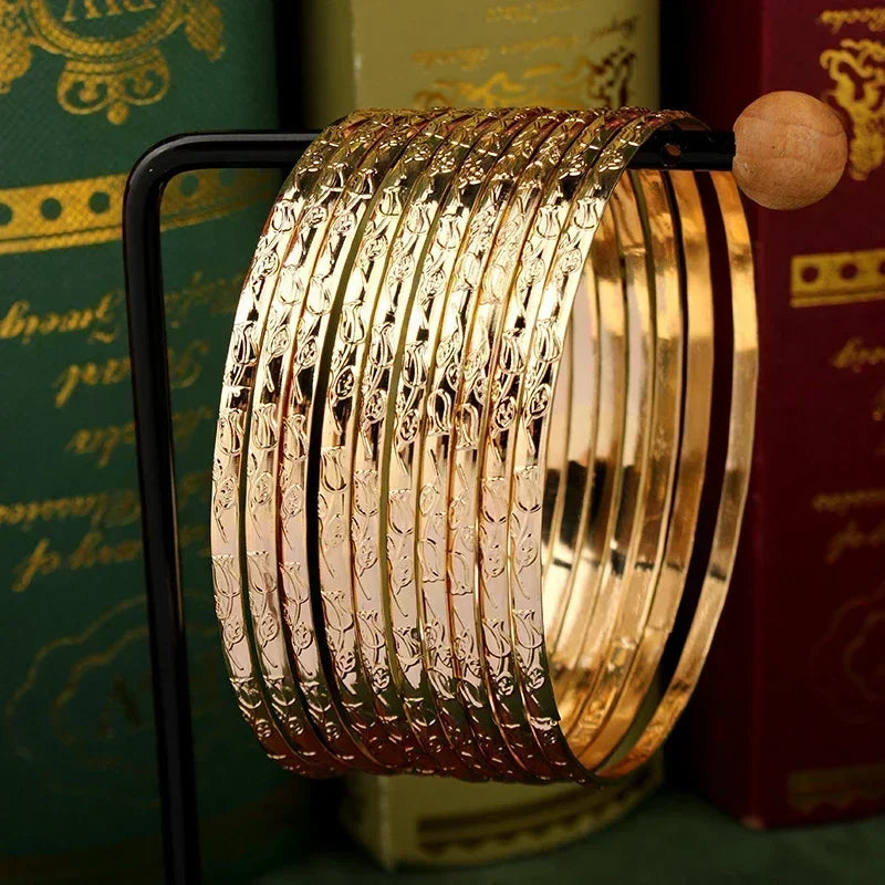 Herseygold Slim Metal Bangles Gold Plated Carved Flower Layered Cuff Bracelet Luxury Bride Jewelry