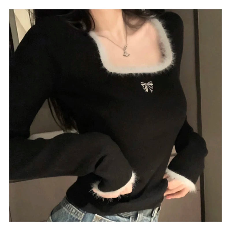 HELIAR Women Butterfly Embroidered T-shirts Square Neck Long Sleeve Patchwork Y2K T-Shirts Casual Tees Women 2024 Autumn Winter
