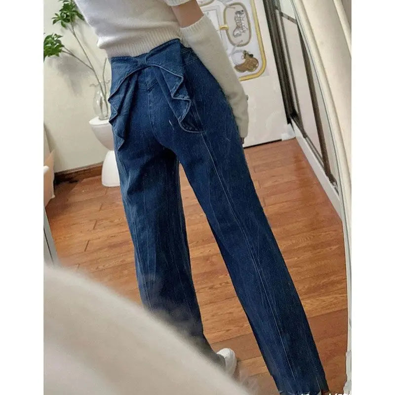 Sweet Style Street Blue American Retro Back Bow High Waisted Jeans for Women Spring New Niche Wide Leg Straight Leg Y2k Pants