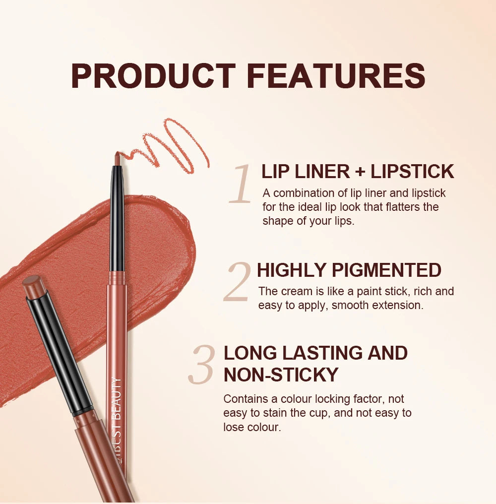 QIBEST 2pcs Lipstick Lipliner Pen Set Matte Nude Lip Liner Pencil Waterproof Long Lasting Lipstick Pen Contour Makeup For Women