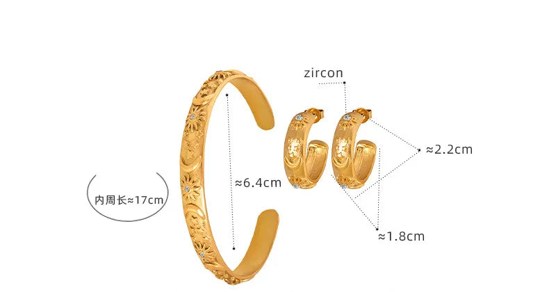 Sun Star Moon Cuff Bracelets Dangle Earrings For Women Stainless Steel Zircon Embossed Stereoscopic Women Wedding Jewelry Sets