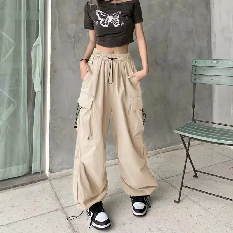 2024 Women Casual Joggers Tech Pants Solid Low Waist Pants Drawstring Wide Leg Baggy Trousers Y2k Streetwear Oversize Sweatpants