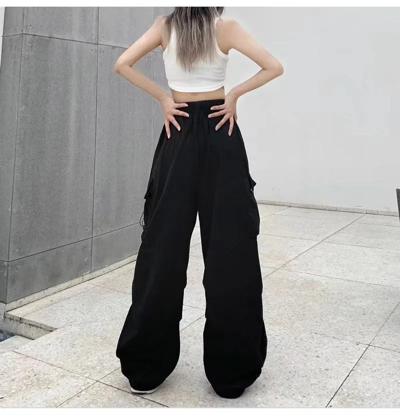 2024 Women Casual Joggers Tech Pants Solid Low Waist Pants Drawstring Wide Leg Baggy Trousers Y2k Streetwear Oversize Sweatpants