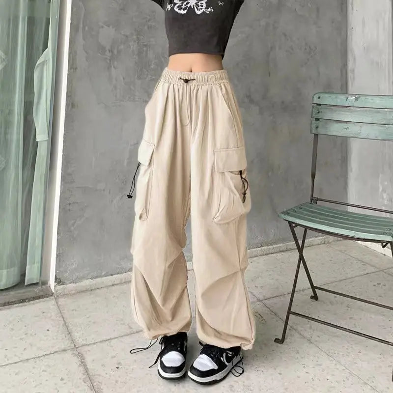 2024 Women Casual Joggers Tech Pants Solid Low Waist Pants Drawstring Wide Leg Baggy Trousers Y2k Streetwear Oversize Sweatpants