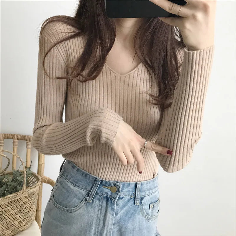 Korean Autumn V Neck Sweater Knitted Fashion Sweaters
 Slim Winter Tops For Women